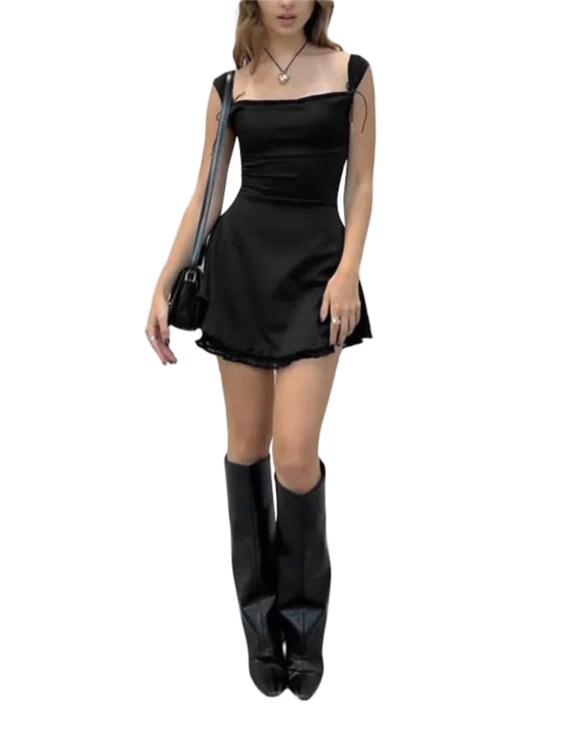 Women Summer Casual Dress Solid Color Tie-Up Double Layered Dress