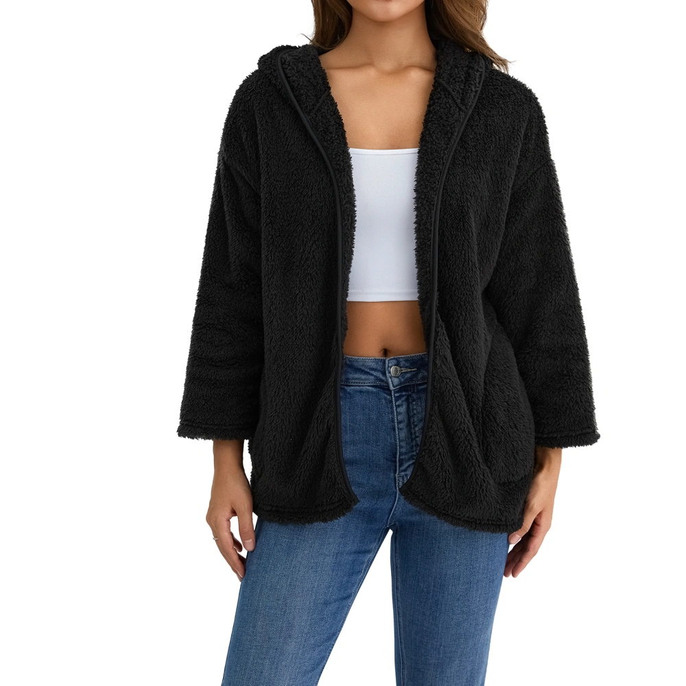 Women’s Fleece Jacket with Hood, Winter Warm Long Sleeve Zip Up Coat