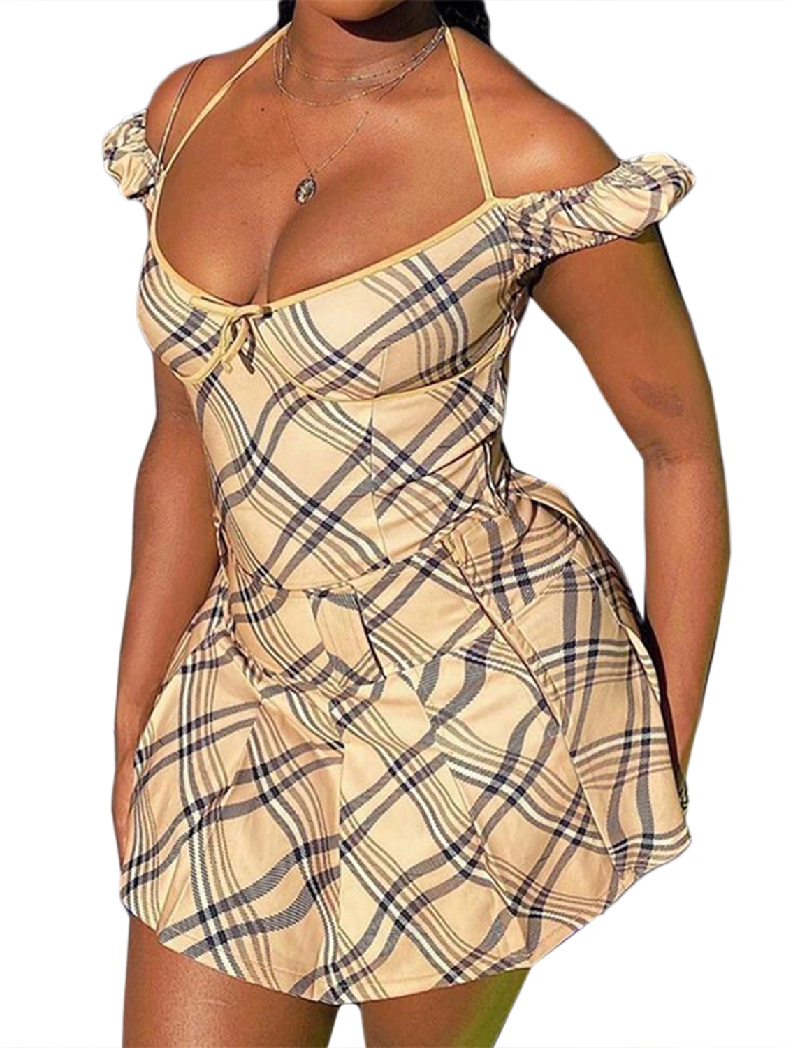 Women’s Halter Deep V Neck Plaid Print Sling Top, and V Neck Plaid Print Vest