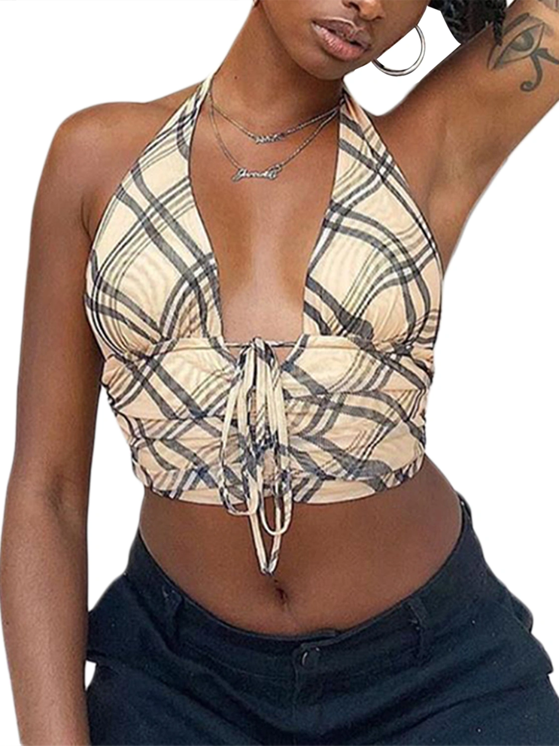 Women’s Halter Deep V Neck Plaid Print Sling Top, and V Neck Plaid Print Vest