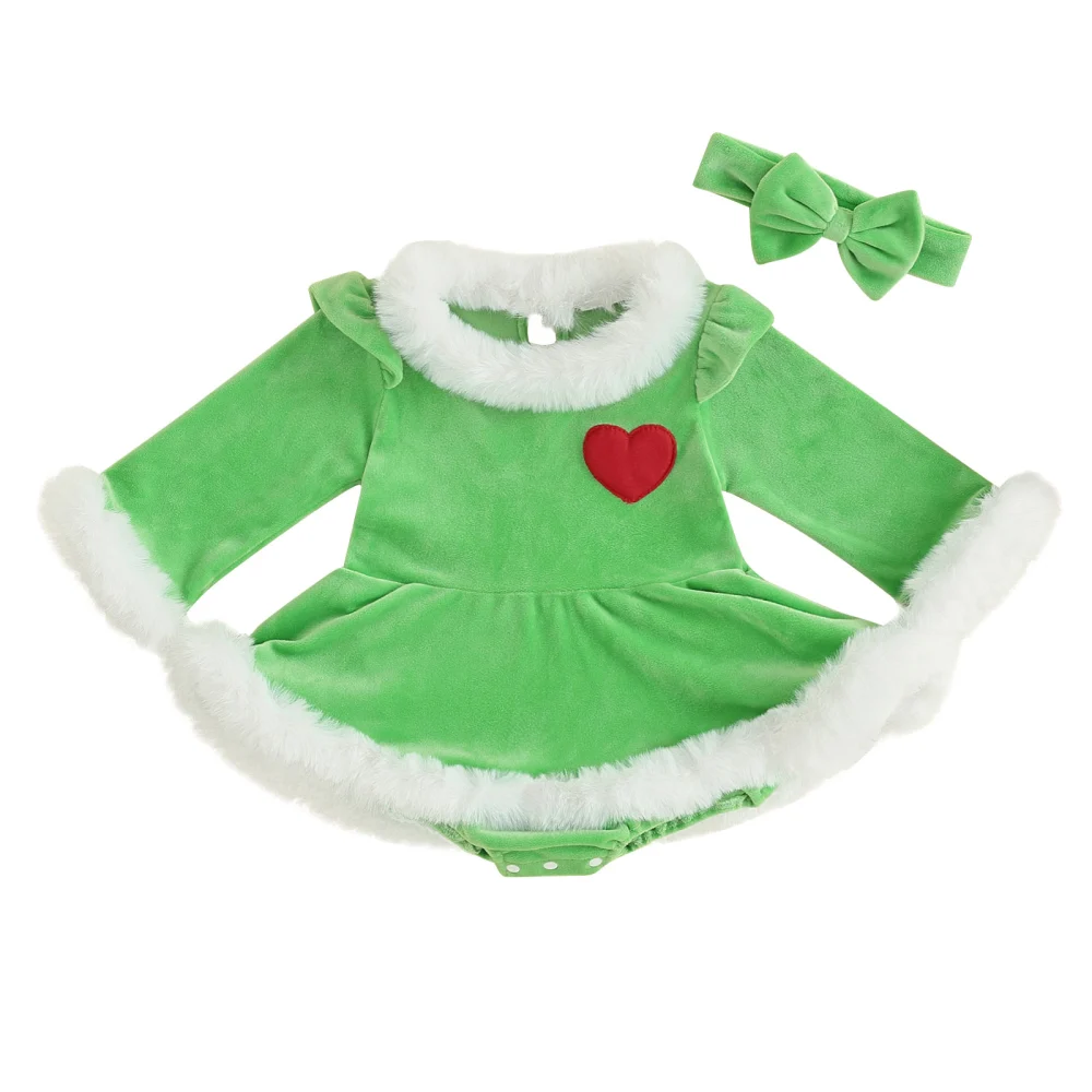 Girls Christmas Romper Green Monster Long Sleeve Jumpsuit + Headband