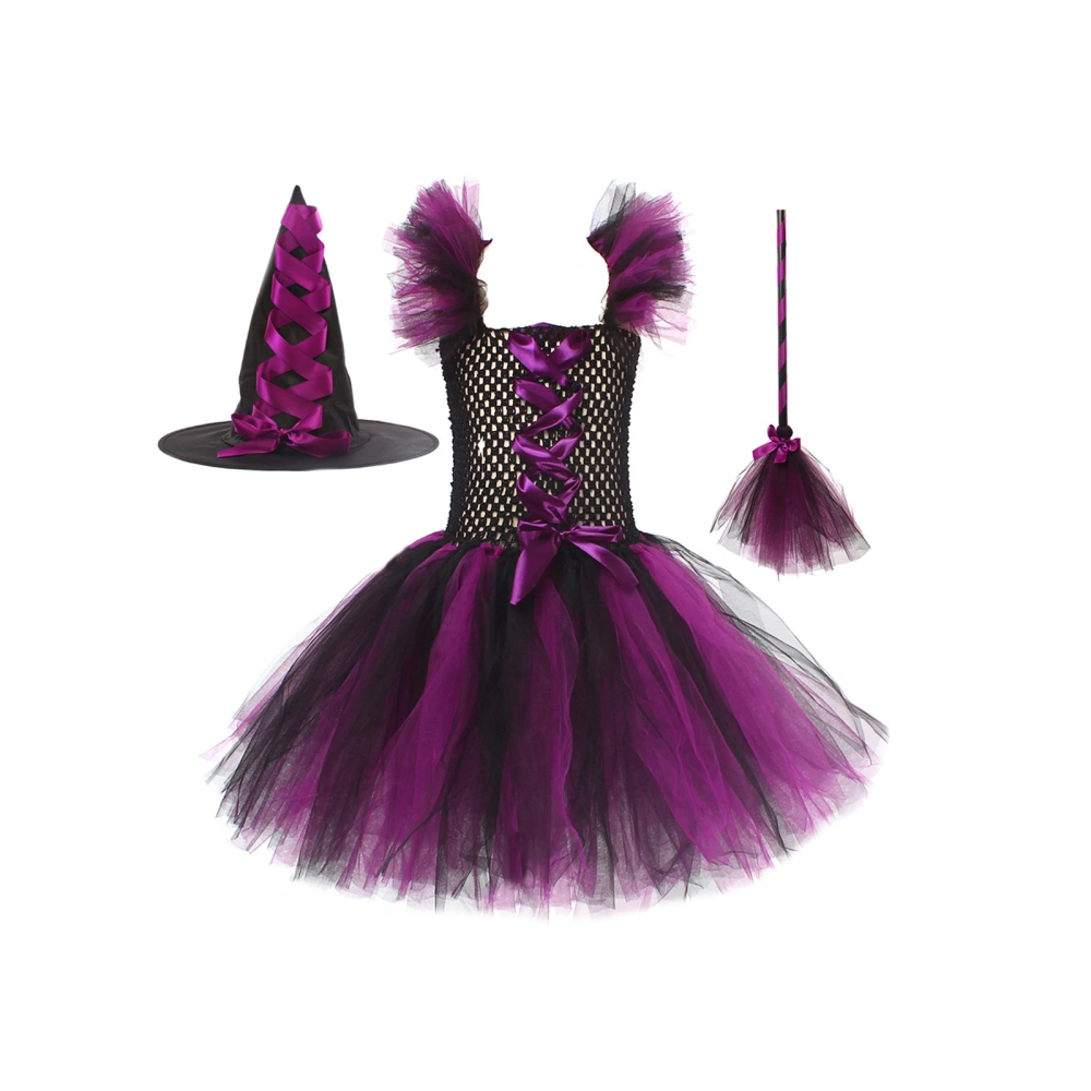 Kid Girl Halloween Costumes Witch Cosplay Dress Witch Hat Broom Set