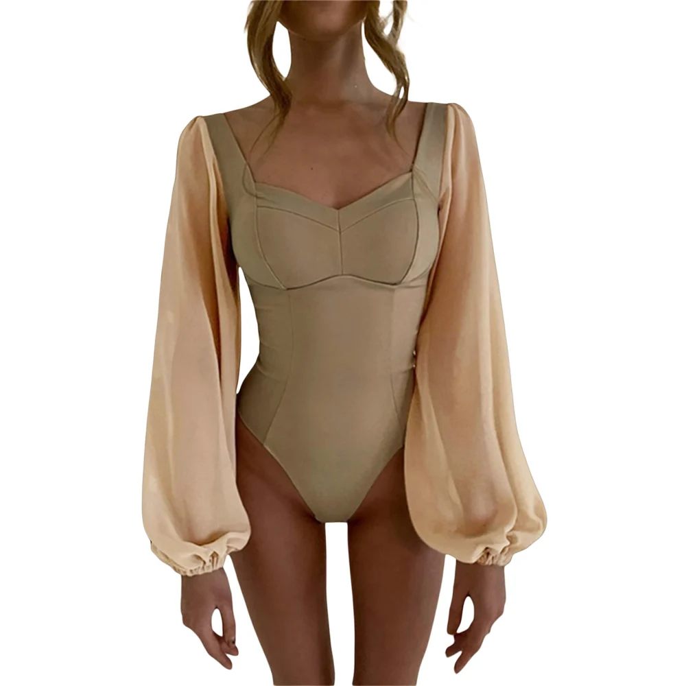 Women’s Solid Color Bodysuits, Mesh Lantern Sleeve Leotard Tops