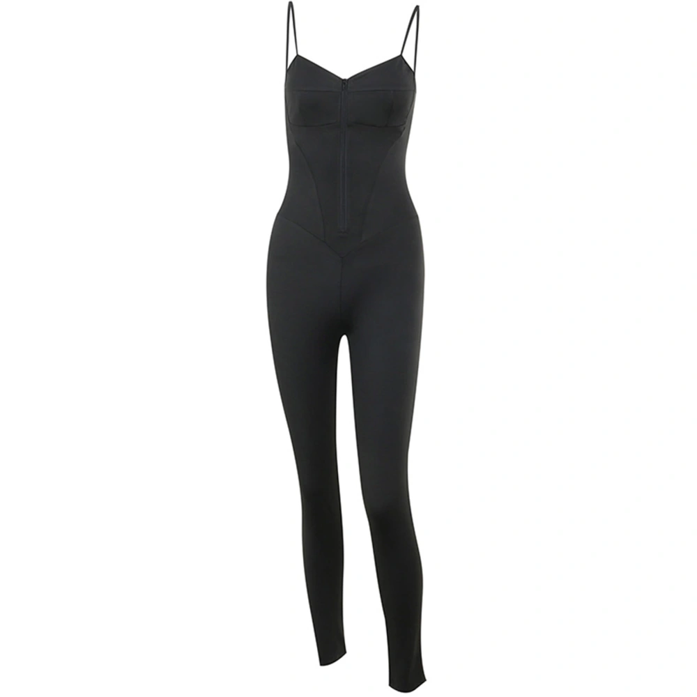 Women's Summer Jumpsuit, Solid Sleeveless Sling Front Zipper Playsuit 