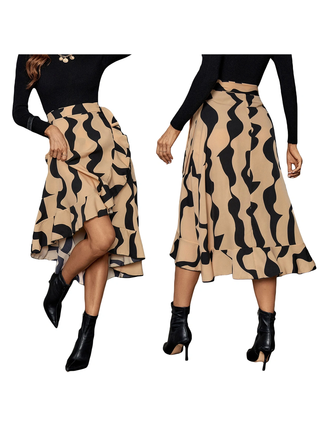 Women Half Dress Irregular Hem Print Spring Summer Fall Ruffle Skirt 