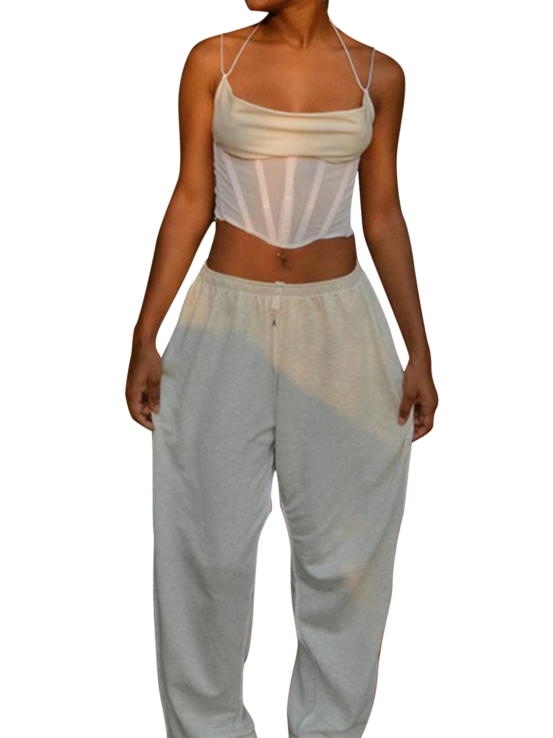 Women Spaghetti Straps V Neck Small Vest, Tie Up Open Back Crop Camis Tops