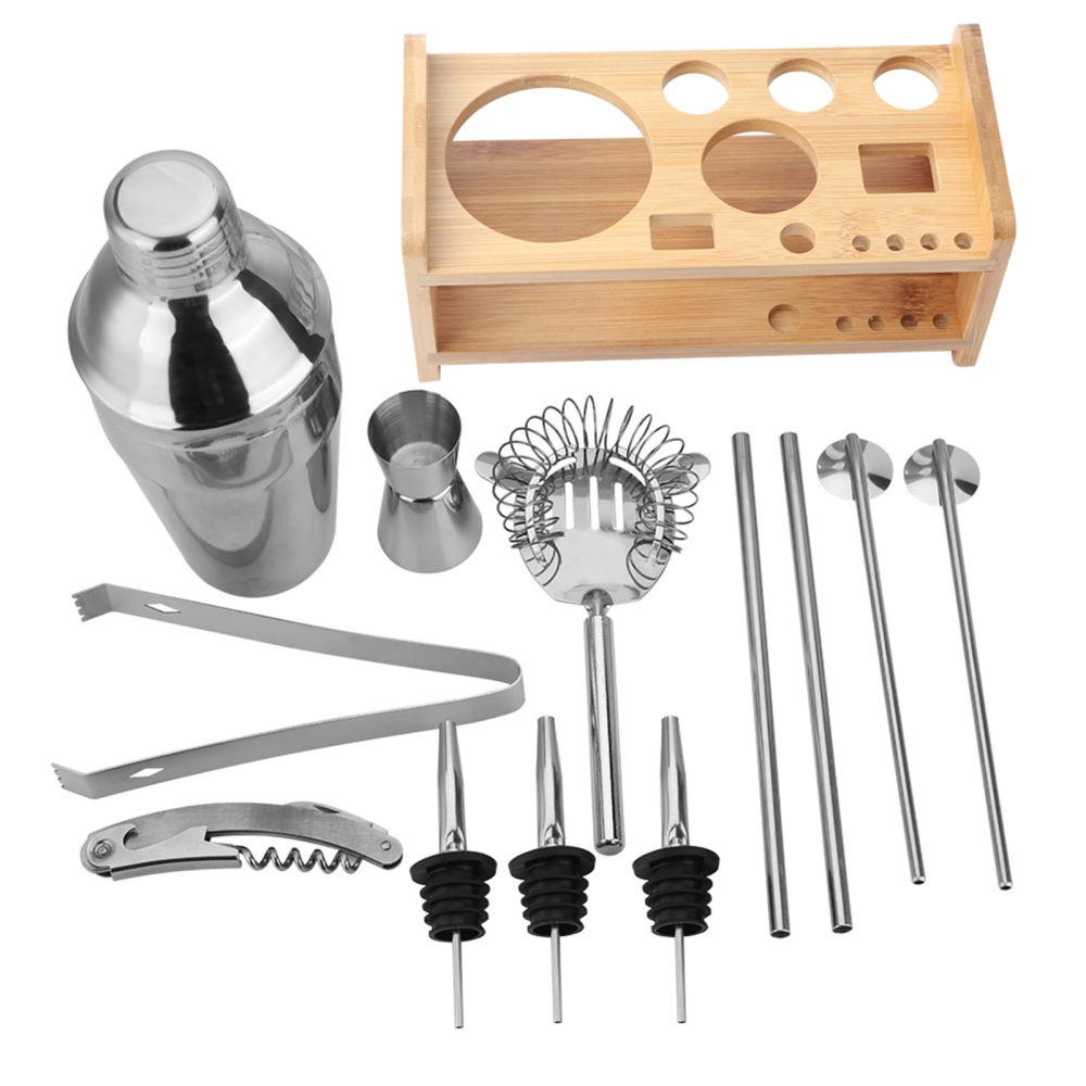 13pcs Stainless Steel Cocktail Shaker Mixer Drinker with Wood Holder Stand Drinking Tool Bar