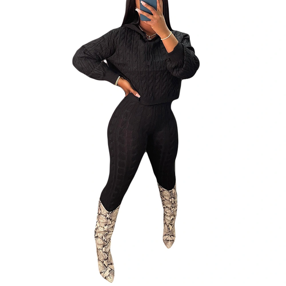 Women Hooded Neck Crop Knit Shirt+ High Waist Wrapped Pants Suit