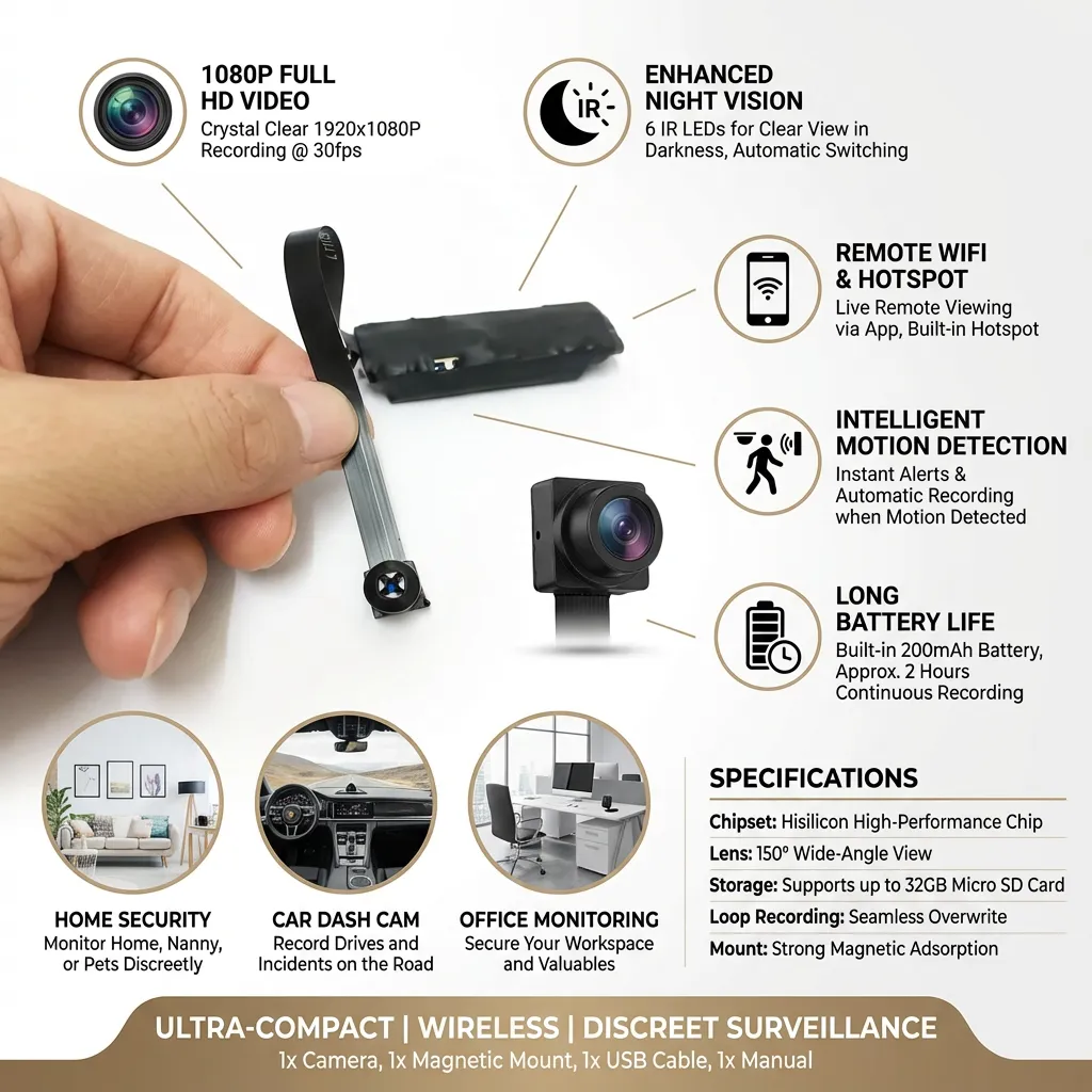1080P Car Spy Mini Camera, Standing HD Camcorder Night Vision DV