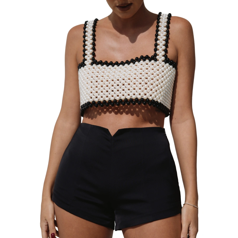 Women Pearl Beaded Tank Tops Black White Jewelry Crop Sleeveless Tops