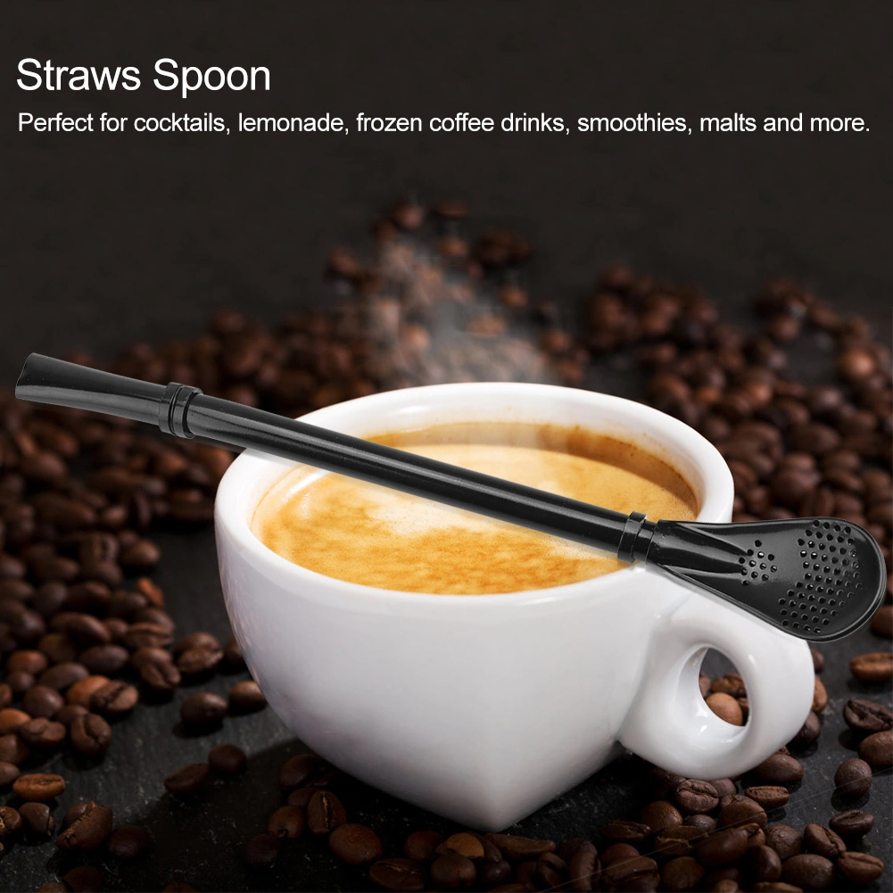 Stainless Steel Metal Drinking Straw Spoon Resuabl Washable Stirring Scoop Black