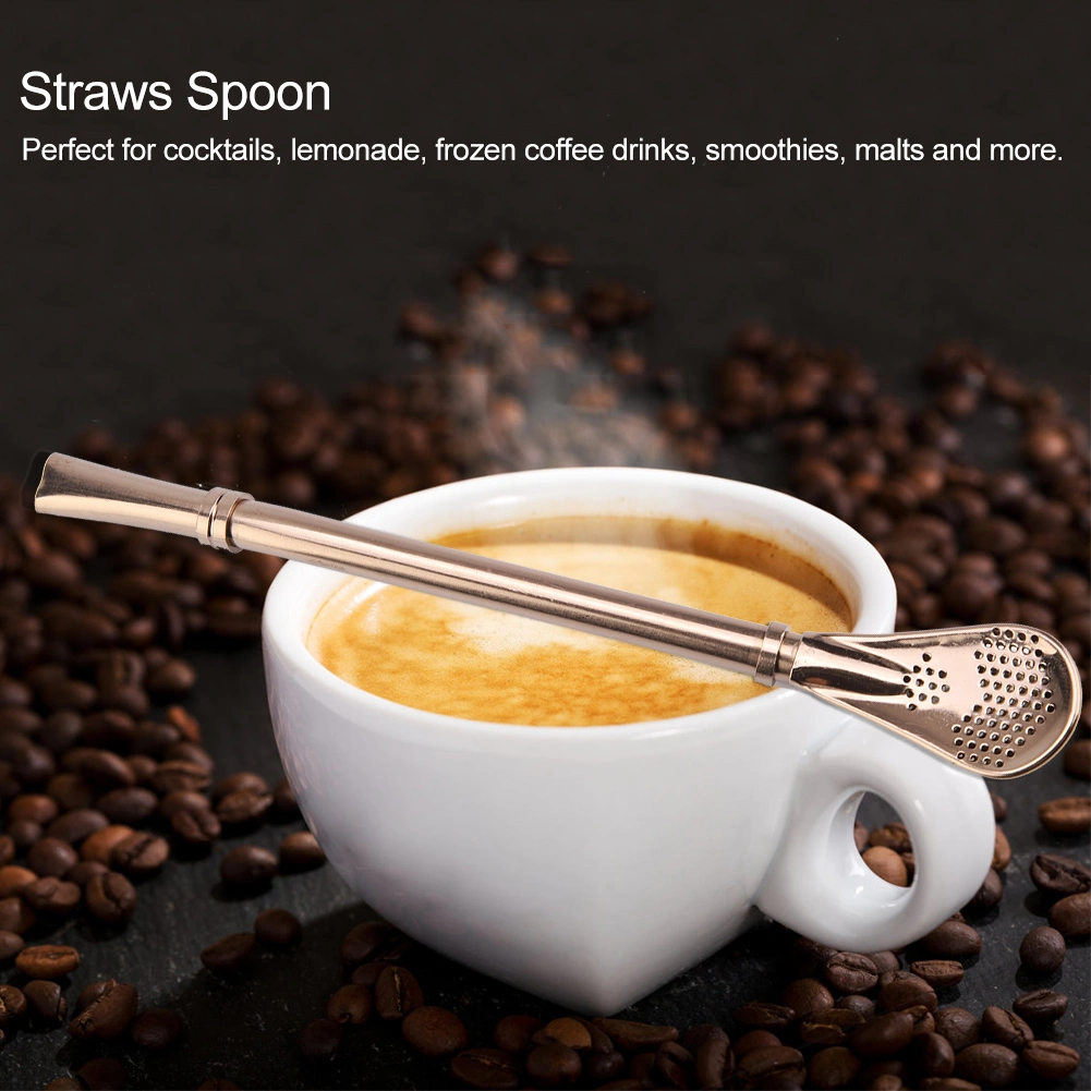 Stainless Steel Metal Drinking Straw Spoon Resuabl Washable Stirring Scoop Rose Gold