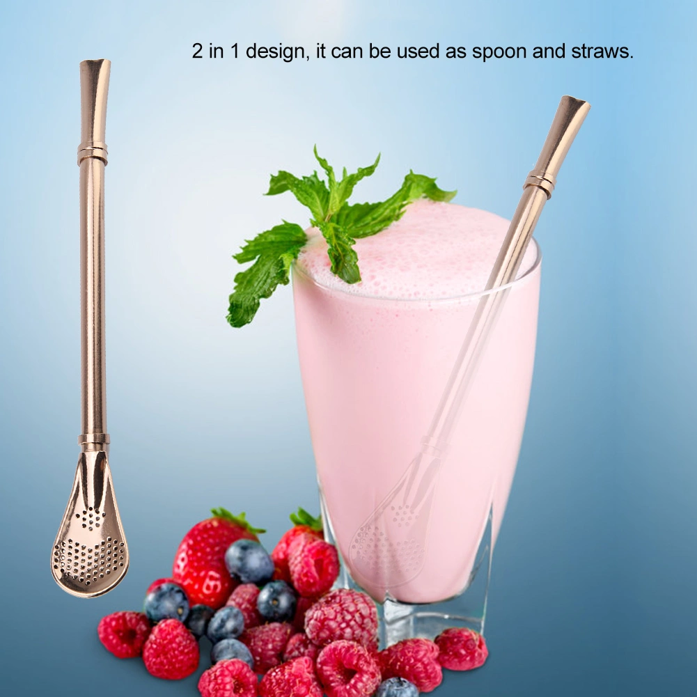 Stainless Steel Metal Drinking Straw Spoon Resuabl Washable Stirring Scoop Rose Gold