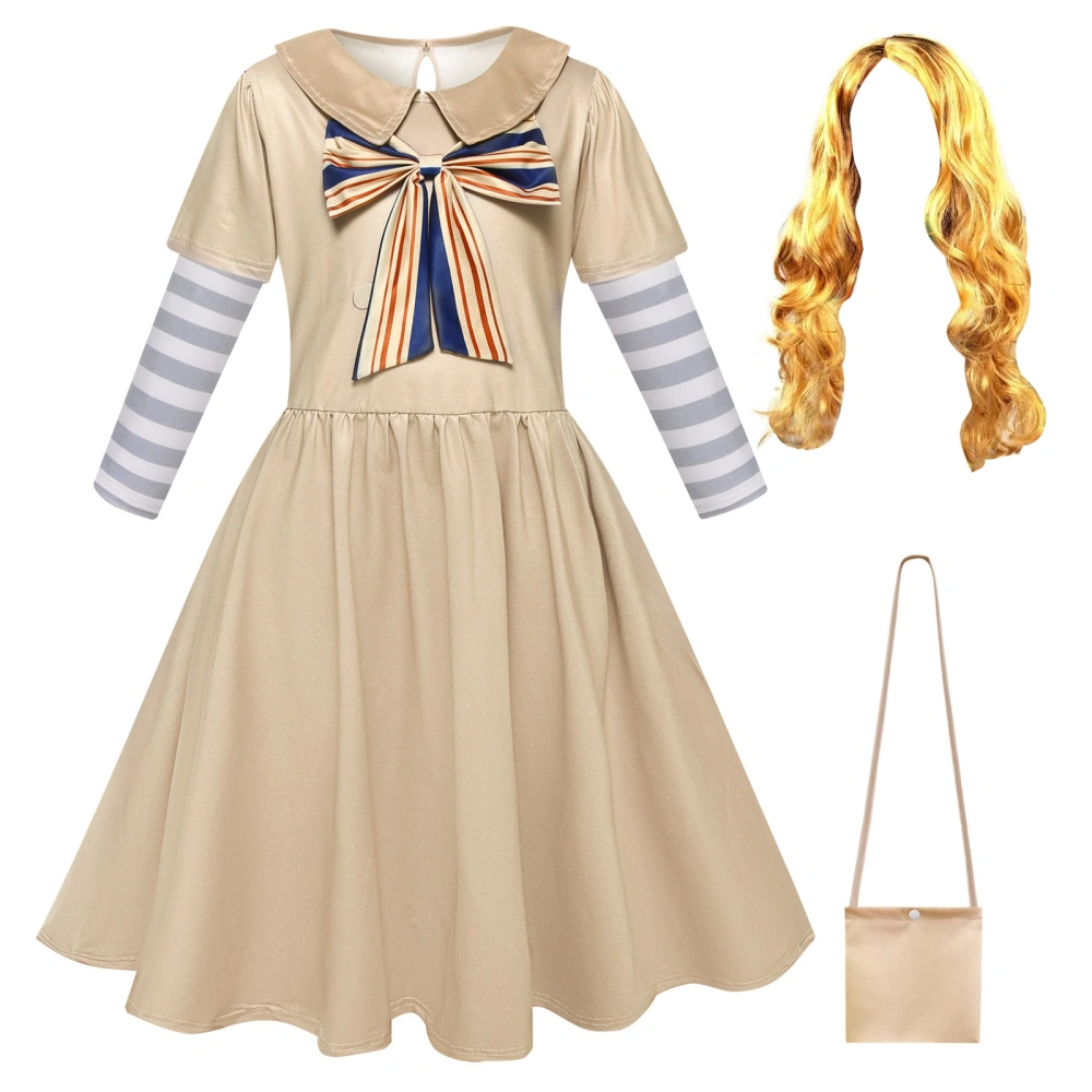 Girls Cosplay Dress Set Long Sleeve Bow Patchwork A-line Dress Bag Wig