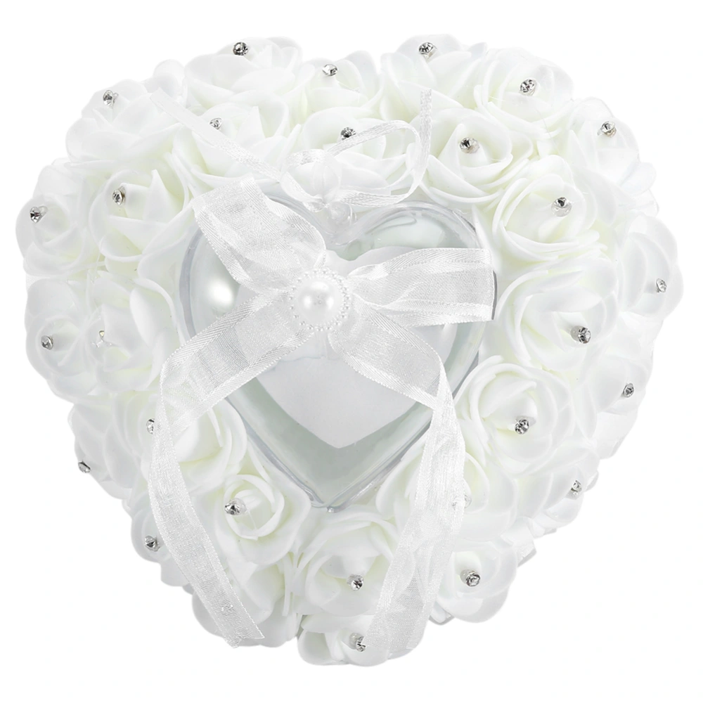 Romantic Heart shaped Wedding Ring Box Rose Rhinestone Decor Ring Pillow Cushion(White)