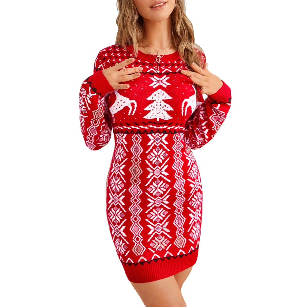 Women Long Sleeve Sweater Dress Christmas Print Knitted Bodycon Dress