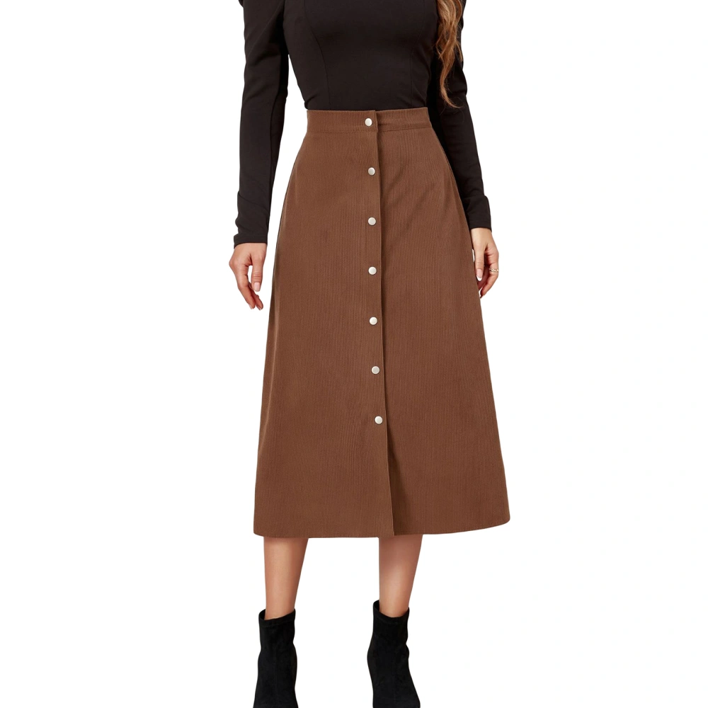 Women's Solid Color Corduroy Skirt, High Waist Single Breasted Skirt