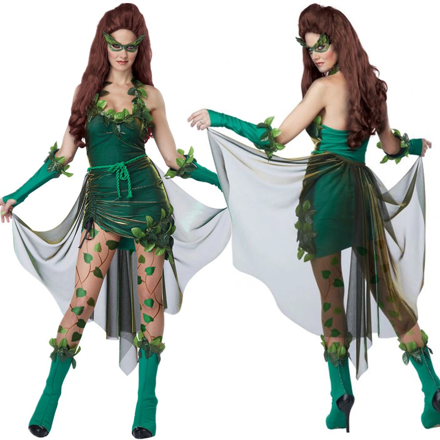 Women's Halloween Costumes Leaves Halter Neck Dress Gloves Facewear