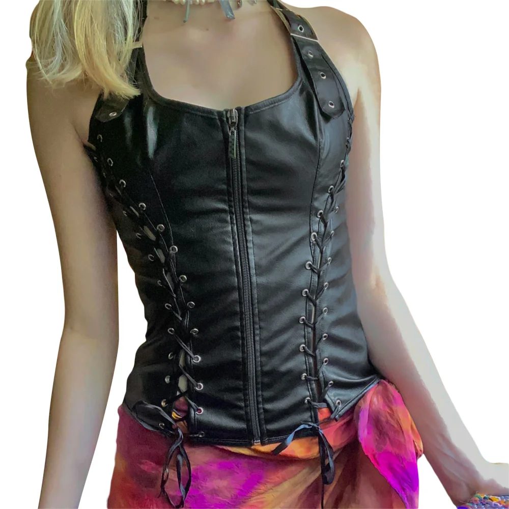 Women's Buckle Halter Tank Tops, Sleeveless Faux Leather Zip Up Tops 