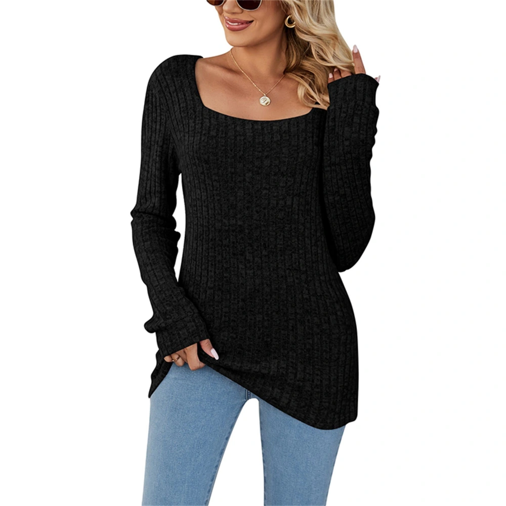 Women T-Shirts Solid Color Ribbed Square Neck Long Sleeve Shirt