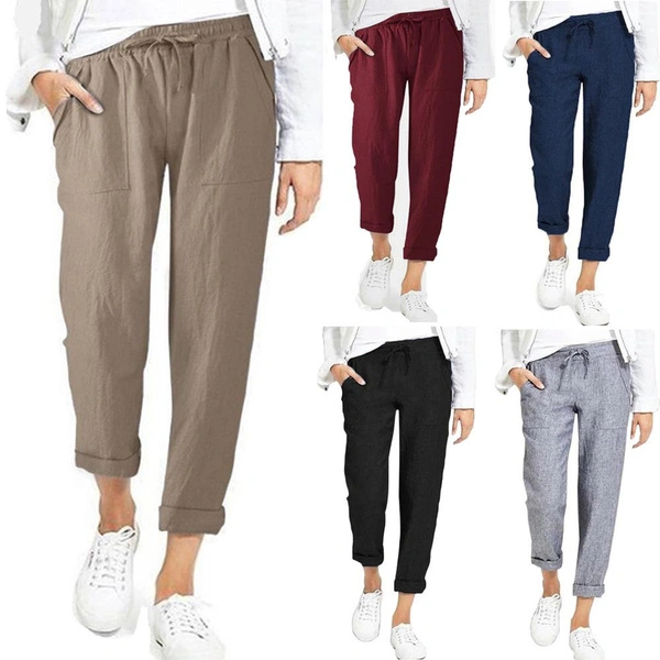 Women's Plus Size Casual Pants Drawstring Soft Short Elastic Waist Pockets Solid Color Straight Cropped Trouser