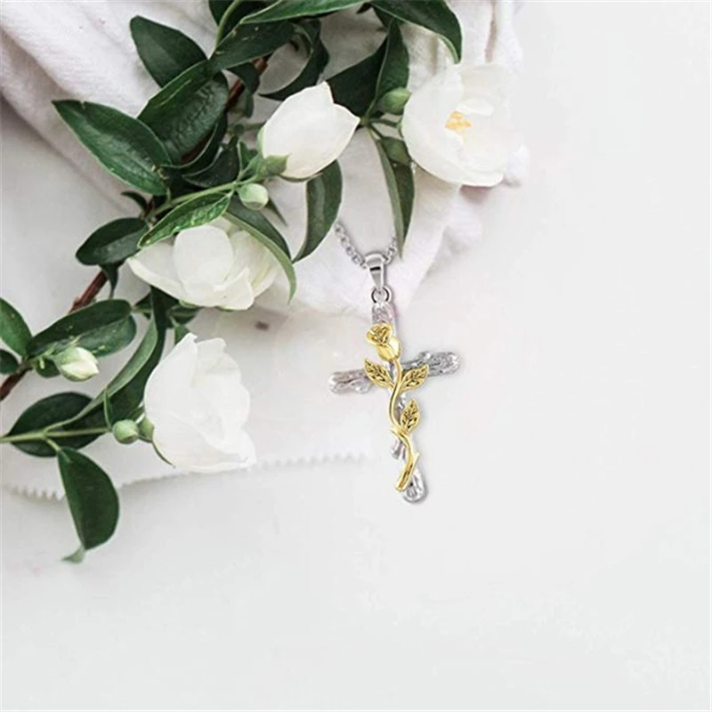 4 Colors Natural Flower Plant Cross Pendant Chain Necklace Jewelry Gift for Women 18 with 2'' Extension