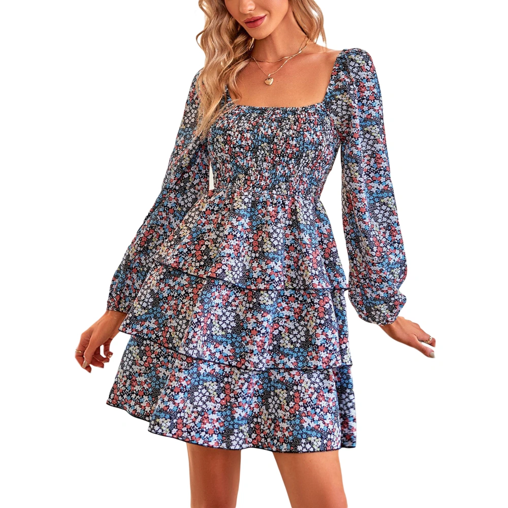 Women Mini Dress Floral Print Square Neck Long Sleeve Cake Dress