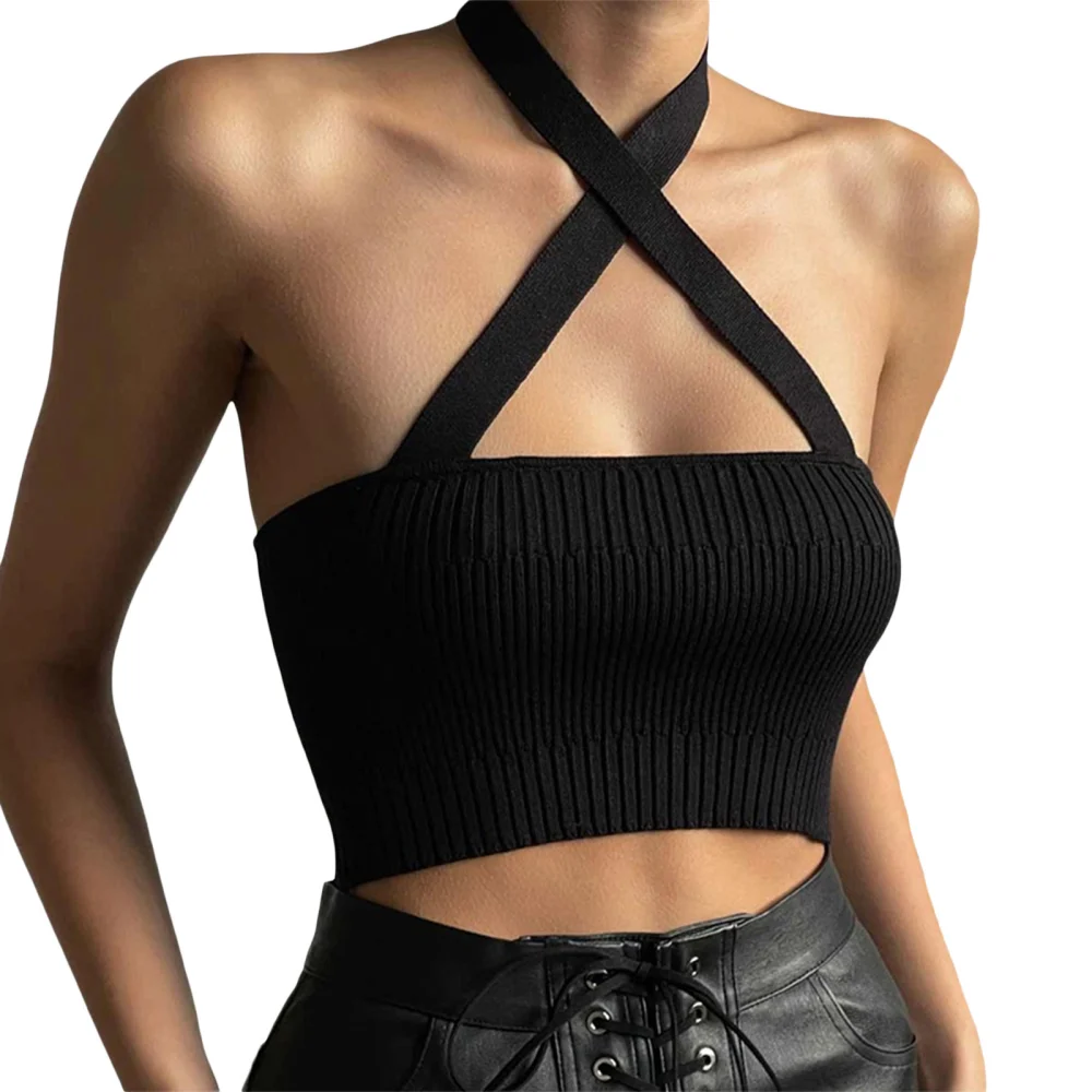 Women's Summer Slim Vest, Solid Knit Ribbed Cross Halter Tank Tops