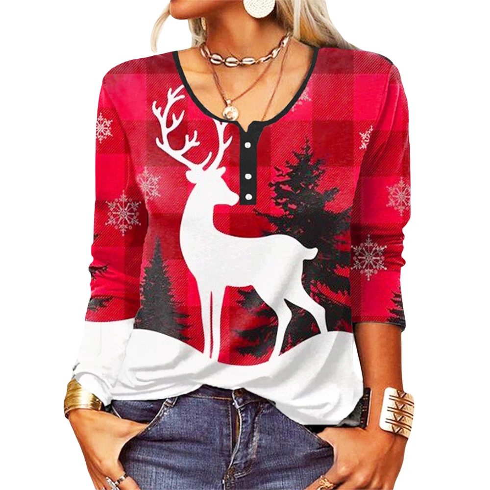 Women Christmas Shirt, Long Sleeve U Neck Buttons Elk Tops, Red