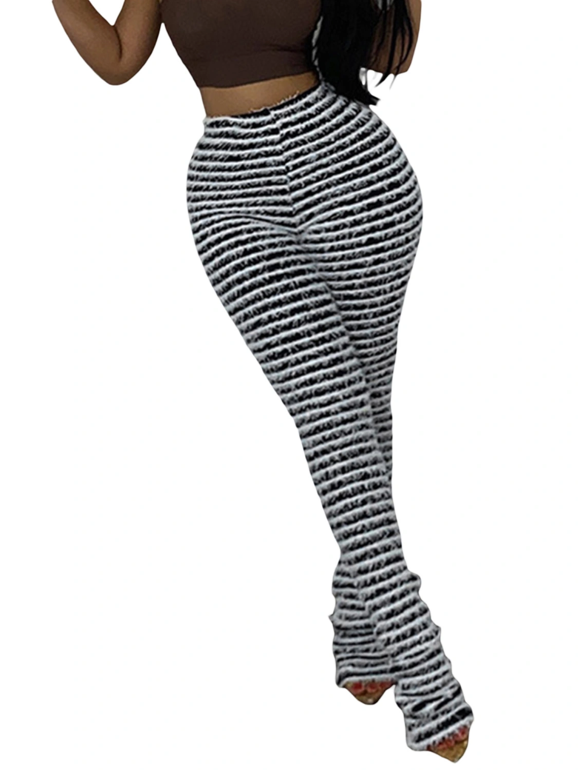 Women's Autumn Winter High Waist Skinny Striped Straight Leg Pants