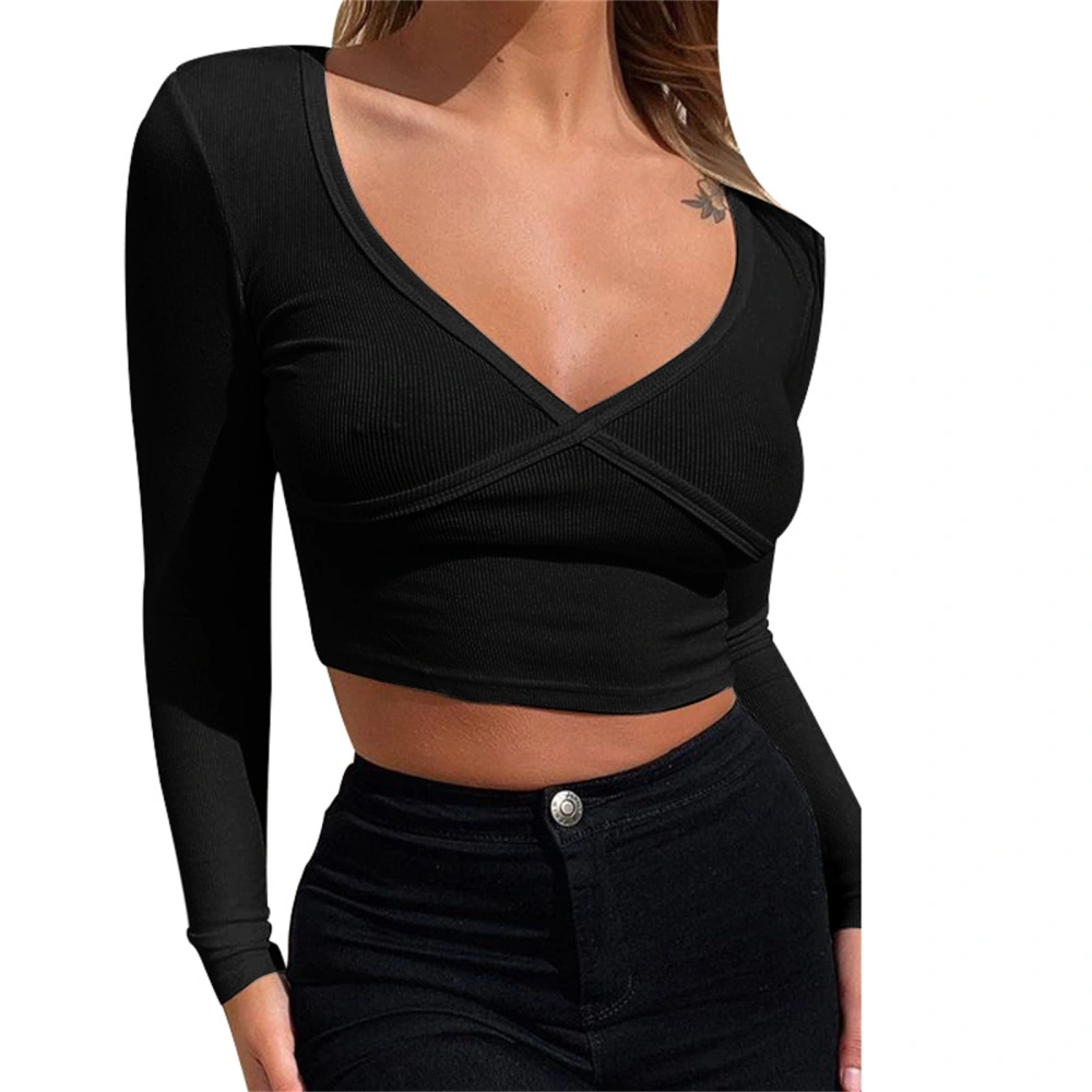 Women’s Slim T-shirt, Solid Long Sleeve Deep V-Neck Cropped Tops