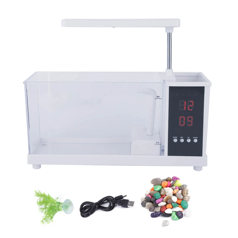 Multifunctional USB Mini Fish Tank Aquarium with Clock Function LED Light White