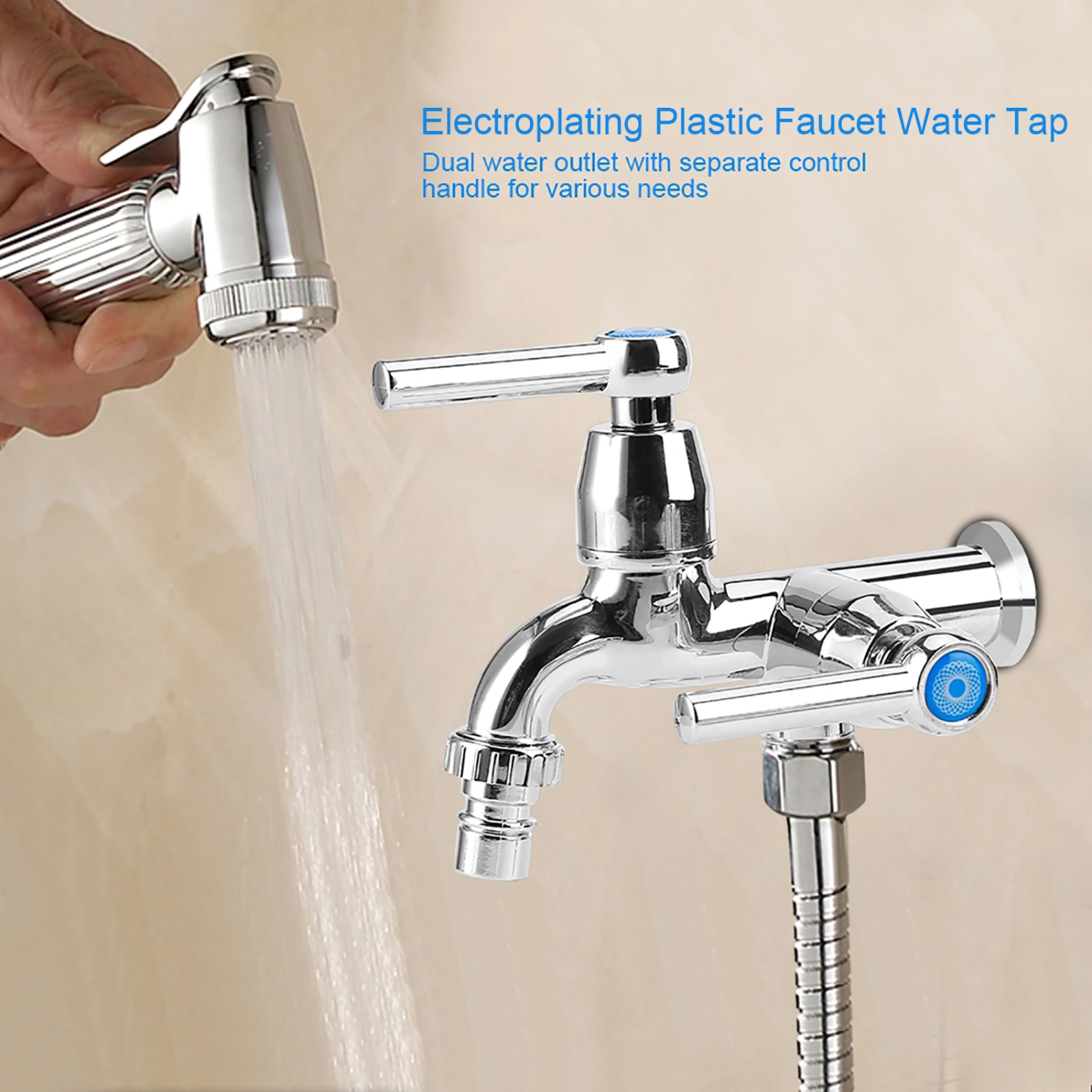 Electroplating Plastic Washing Machine Cold Water Faucet Sink Basin Water Tap with Double Spout &amp; Straight Handle G1/2