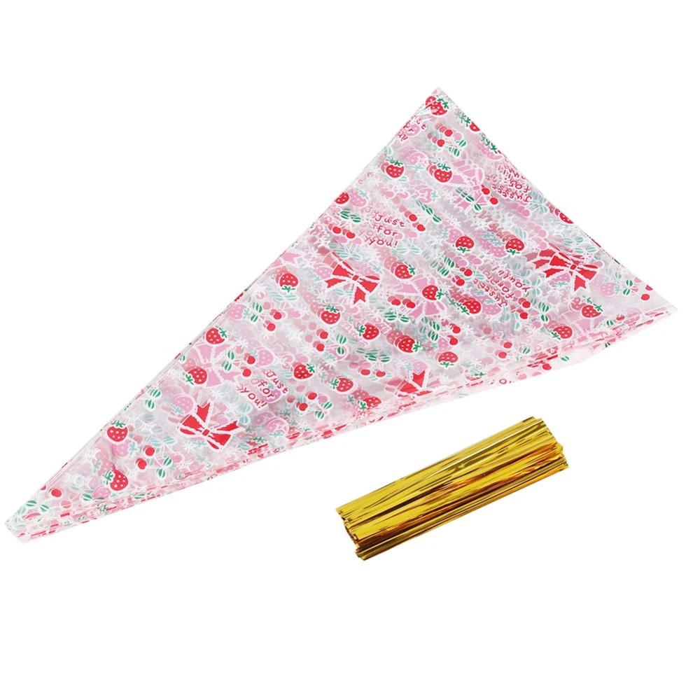 50 Clear Cone shaped Treat Popcorn Bags Treat Bags Cellophane Candy Bags with twist tie Cherry