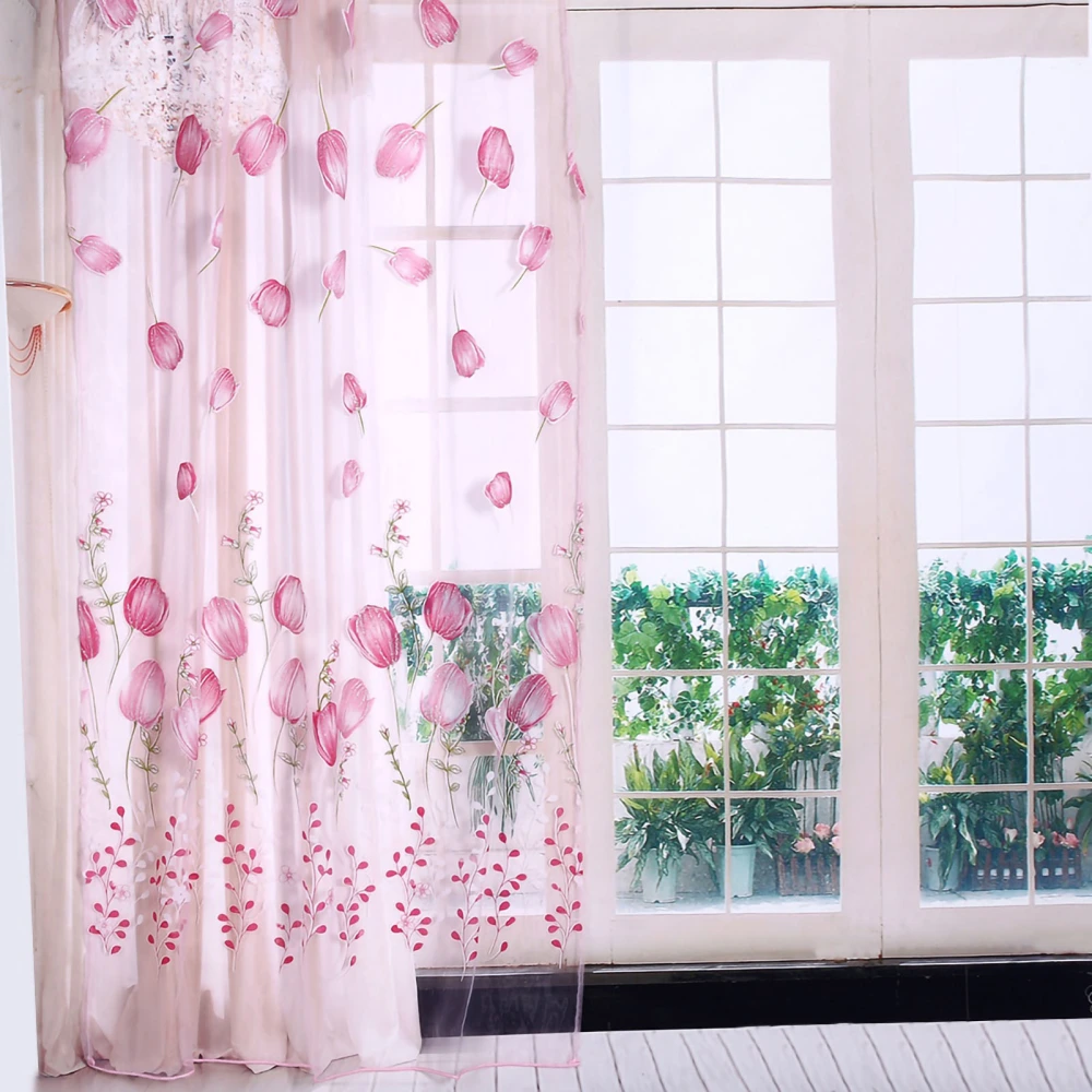 100*200cm Tulips Printing Tulle Curtains Sheer Drape Balcony Window Decoration Pink