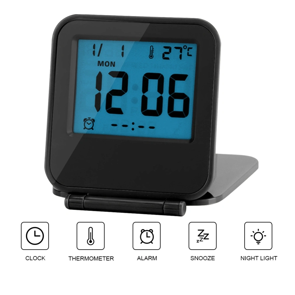 Portable Foldable Tabletop Travel Digital Alarm Clock with Temperature Calendar Date Week Black