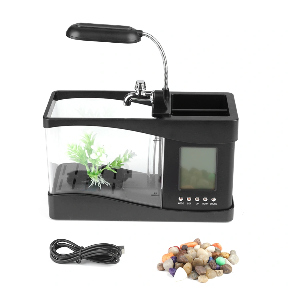 Multifunctional USB Rechargeable Mini Fish Tank Aquarium with Clock Function LED Light Black