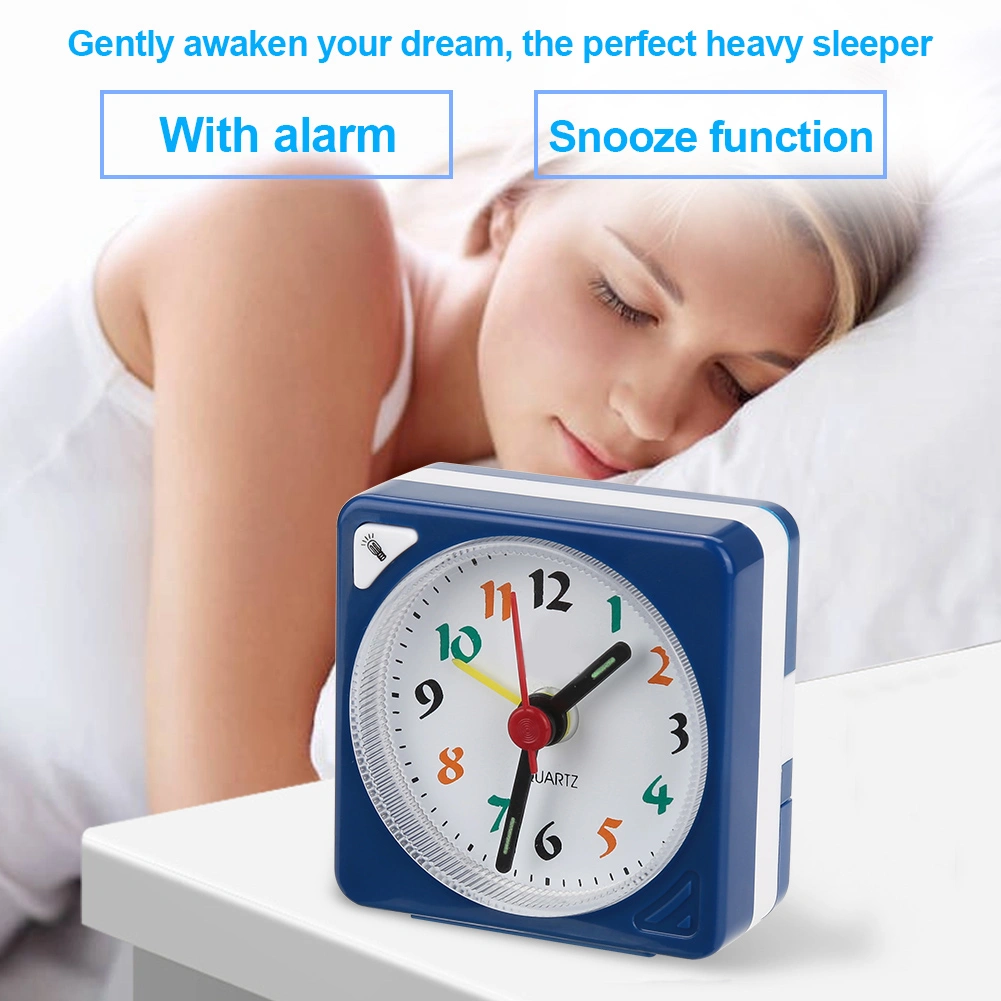 Mini Travel Table Alarm Clock Quartz LED Light with Snooze Function Battery Operated Blue
