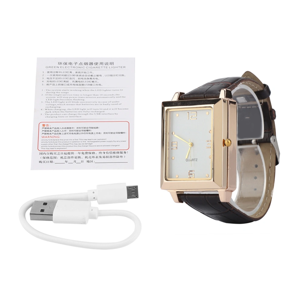 Men USB Rechargeable Windproof Flameless Cigarette Lighter and Square Quartz Wristwatch(White)