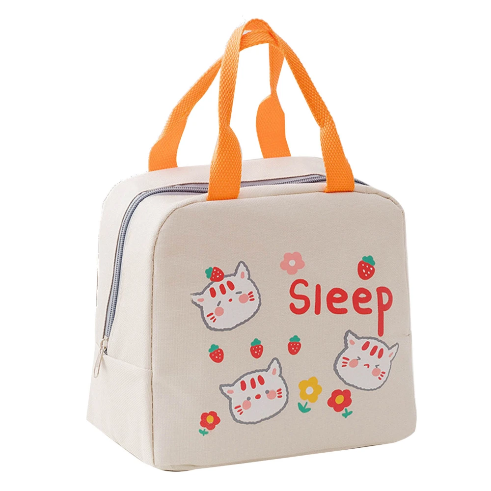 Lunch Bag Cartoon Style Zipper Widened Handle Oxford Cloth Aluminum Film Portable Lunchbox Bag for Student Beige