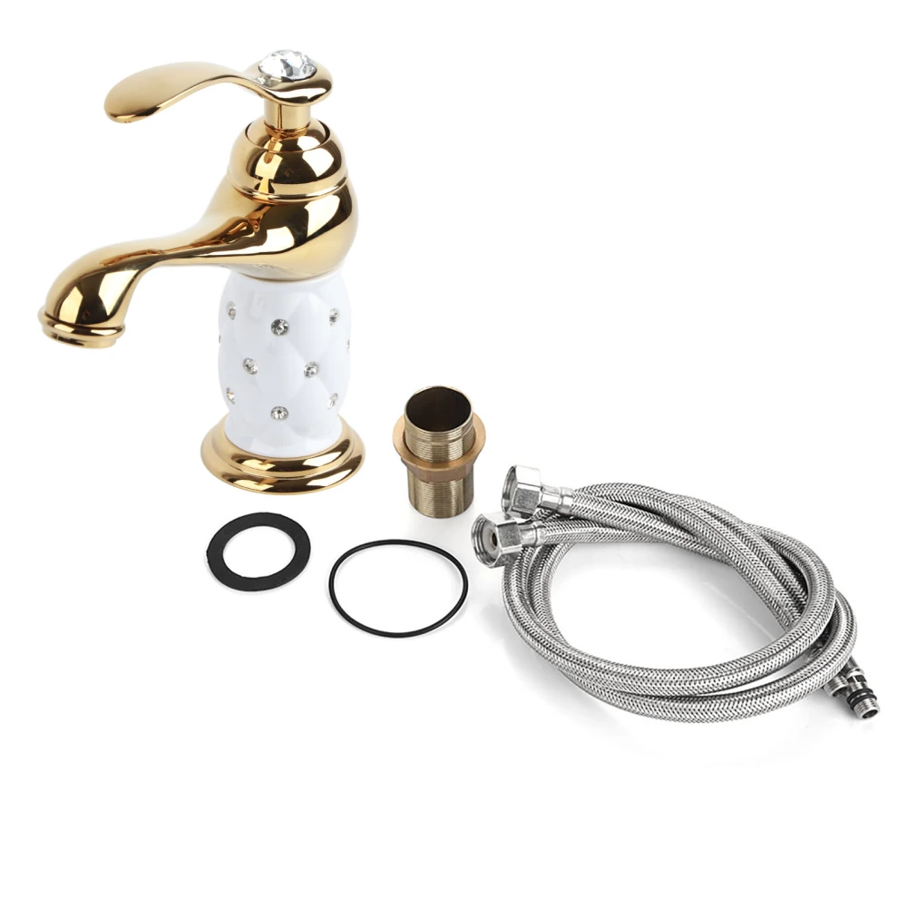 Solid Brass Mixer Tap Cold/Hot Water Faucet with Ornaments for Basin Sink (Golden)