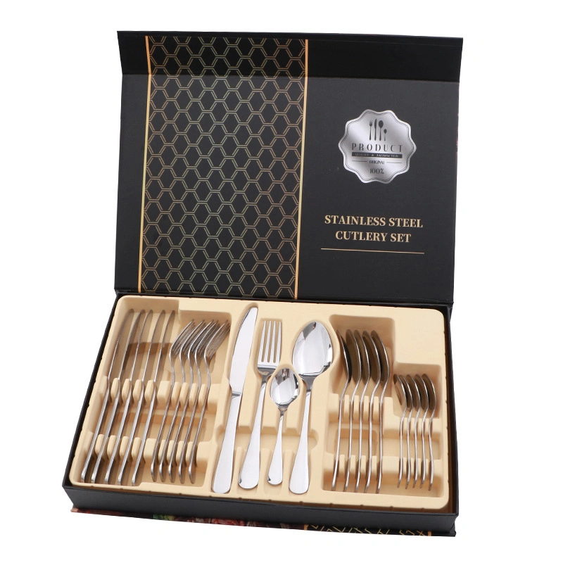 Flatware Set Stainless Steel Glossy 24 Pieces Steak Knife Fork Spoon Set for Restaurant Silver