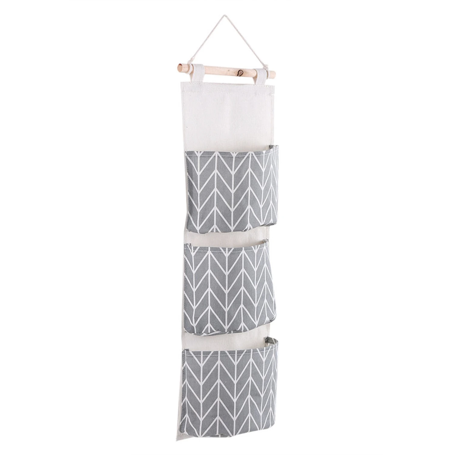 3 Pockets Cotton Linen Wall Hanging Storage Bag Door Pouch Bedroom Home Office Organizer Gray