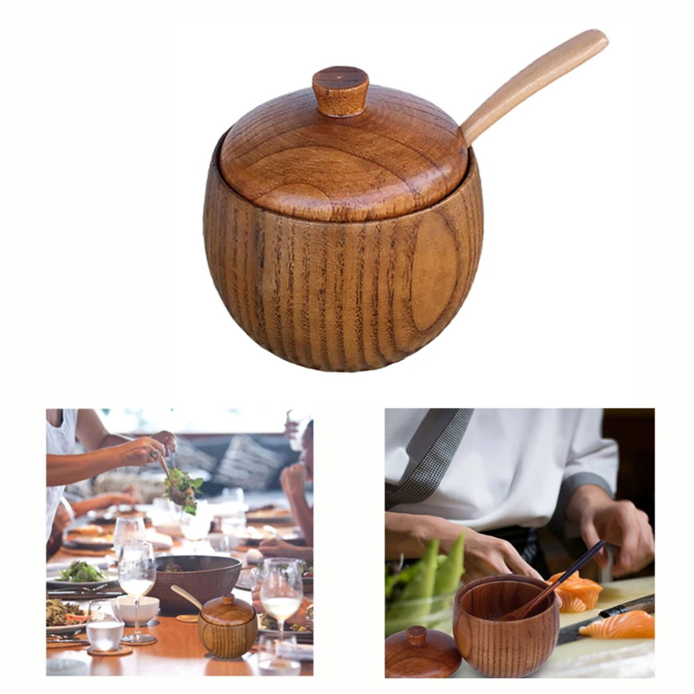 Wooden Salt Cellar Box Spice Jar Sugar Bowl Pepper Box Salt Seasoning Container Storage Box with Lid and Spoon