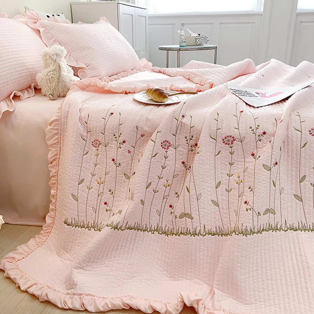 Cotton Quilt Pure Color Home Fashion Elegant Tencel Embroidery Pattern Cotton Summer Cooling Quilt Pink 1 X Sheet 245x250cm