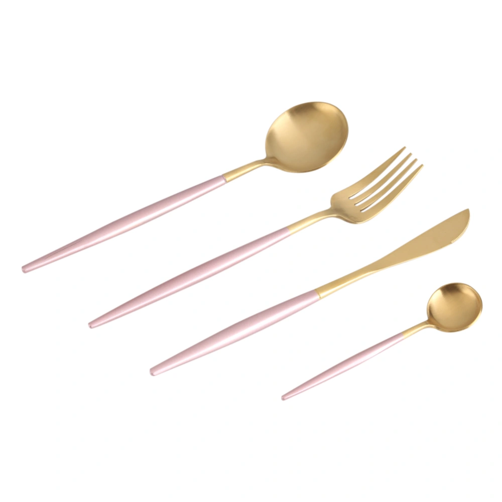 4Pcs Set Stainless Steel Colored Tableware Spoon Fork Knife Dinnerware Home Use Pink+Golden