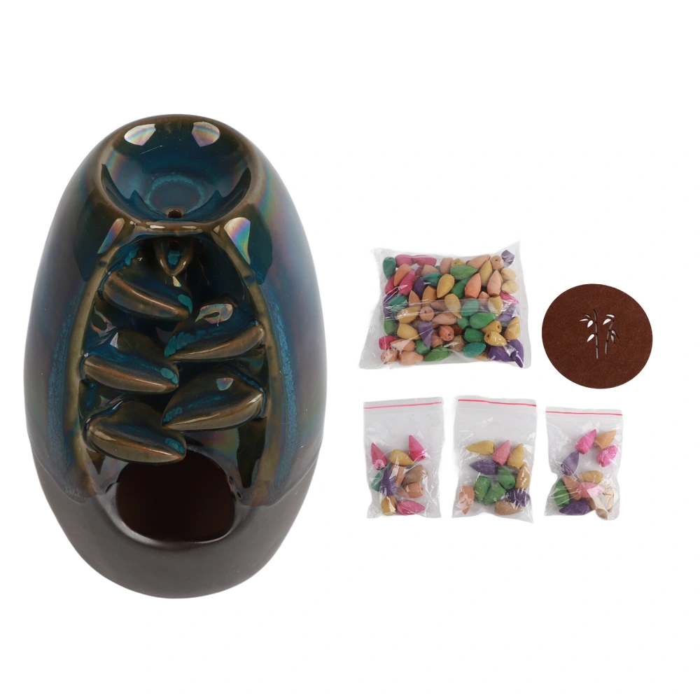 Waterfall Backflow Incense Burner Ornaments Ceramic Fountain Smoke Incense Holder with 130 Cones and Anti Slip Pad 20cm Blue