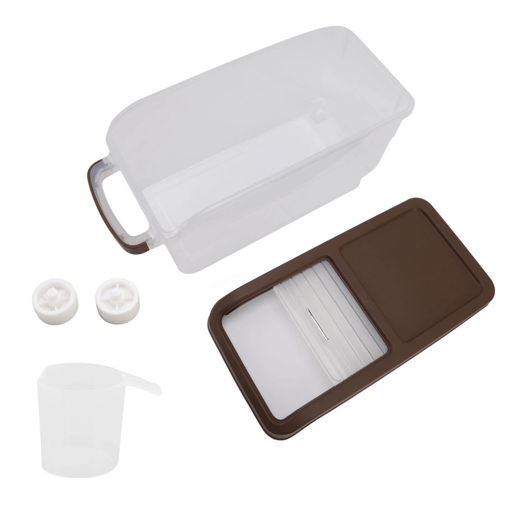 10KG Transparent Rice Storage Box Rice Dispenser Container Slide Cover Grain Storage Bucket with Wheels and Measuring Cup Brown