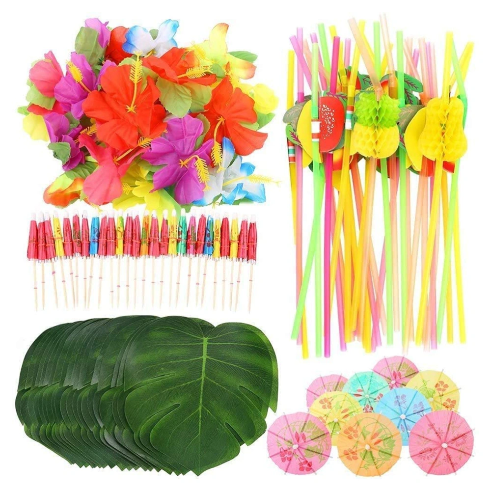 108 Pieces Hawaiian Tropical Party Decoration Set Leaves Flowers Umbrellas for Hawaiian Party Beach Theme