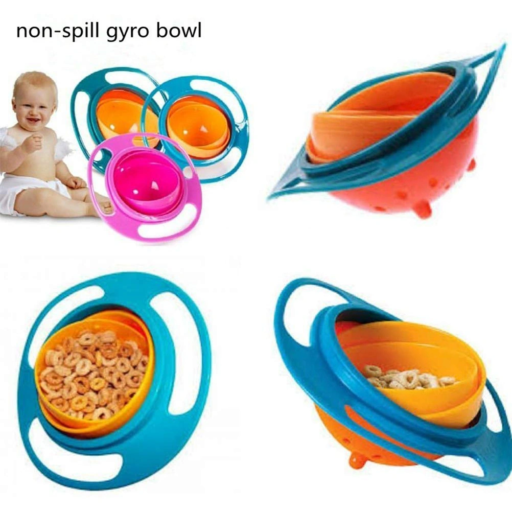 Cute Baby Rotating Bowl 360° Rotatable Spill Proof Bowl Gyroscopic Bowl with Lid